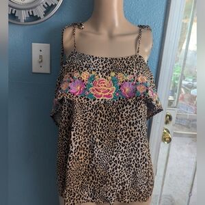 Savanna JaneLeopard Print Women's Top with Floral Embroidery